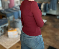 mystree Long Sleeve Ribbed Mock Neck Top in burgundy - women's long sleeve top - detail view