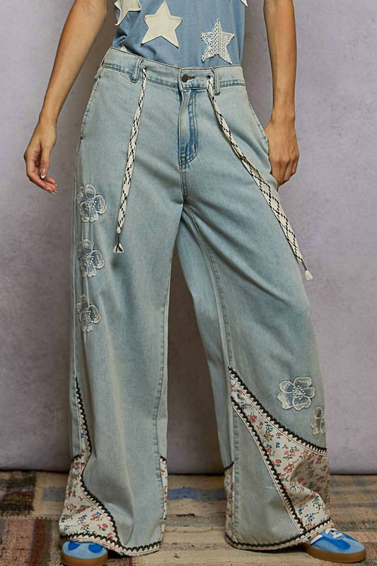 Pol - Floral Patches Embroidery Elastic Band Casual Pants