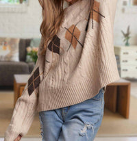 ADORA Diamond Pattern Cable Knit Sweater in oatmeal - women's sweater - alternate view