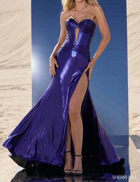 Sherri Hill Elegant Strapless Corset High Slit Dress in royal - women's dress