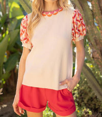 Voy - Jessie Scallop Neck Printed Short Sleeve Knit Top