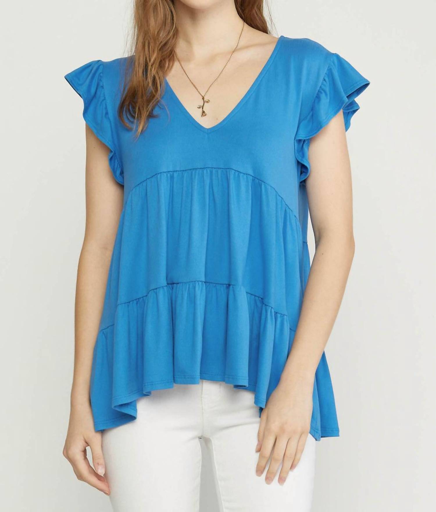 entro Tiered Ruffle Babydoll Top in french blue - women's blouse