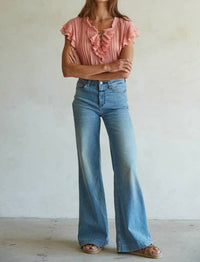 By Together - Woven Cotton Linen Button V-Neck Short Sleeve Top