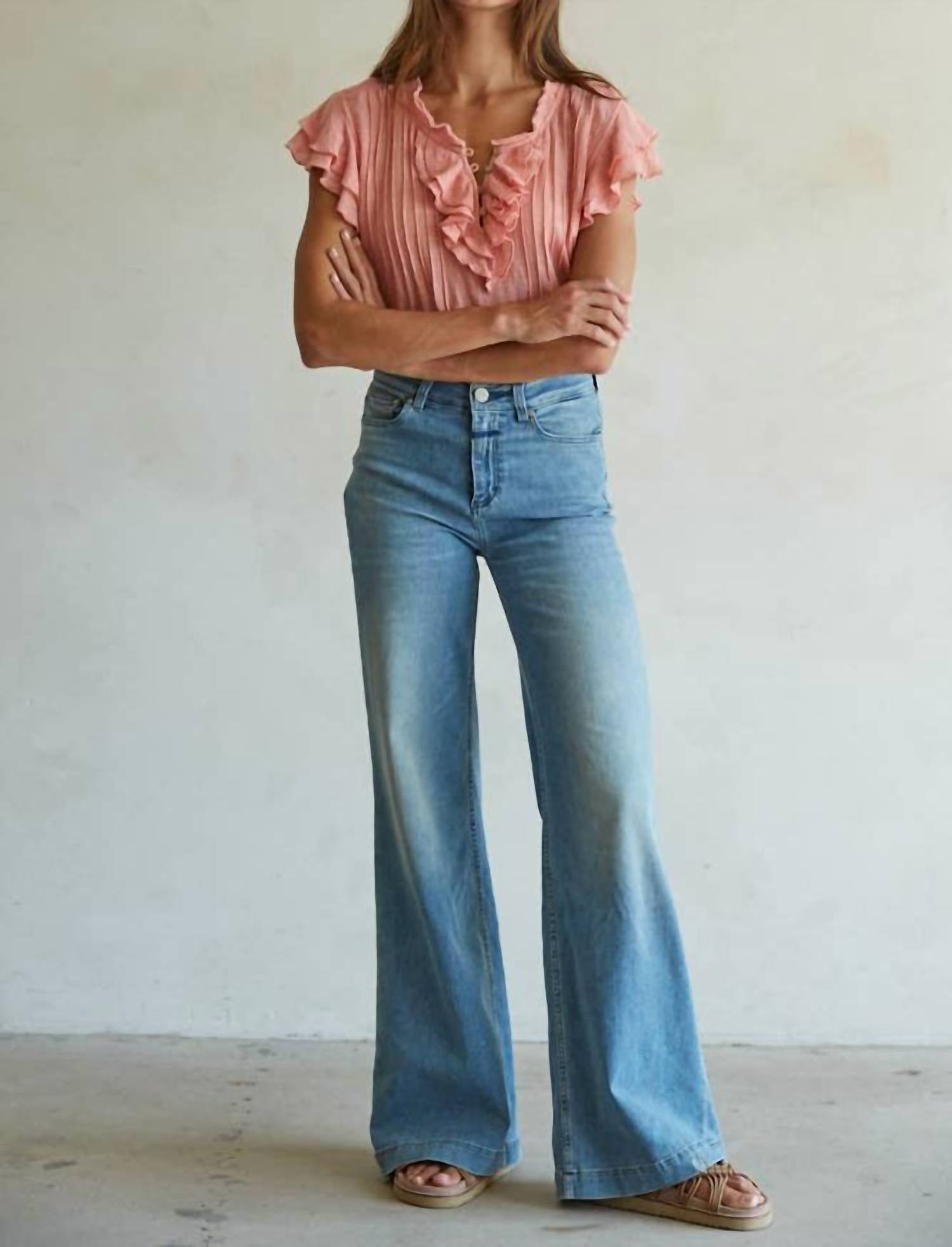 By Together - Woven Cotton Linen Button V-Neck Short Sleeve Top