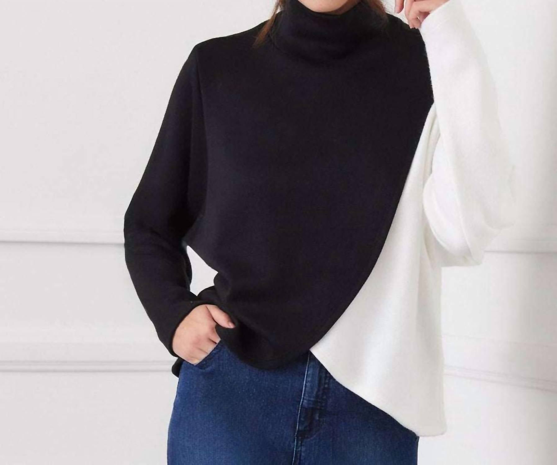 Karen Kane Long Sleeve Crossover Colorblock Top in black with ivory - women's blouse