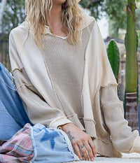 Pol - Notched Neck Contrast Long Sleeve Top
