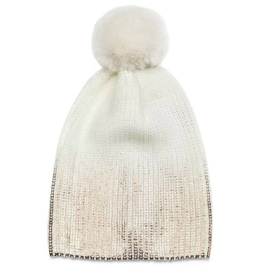 Women Gold Metallic Pom Pom Knit Hat Beanie One Size