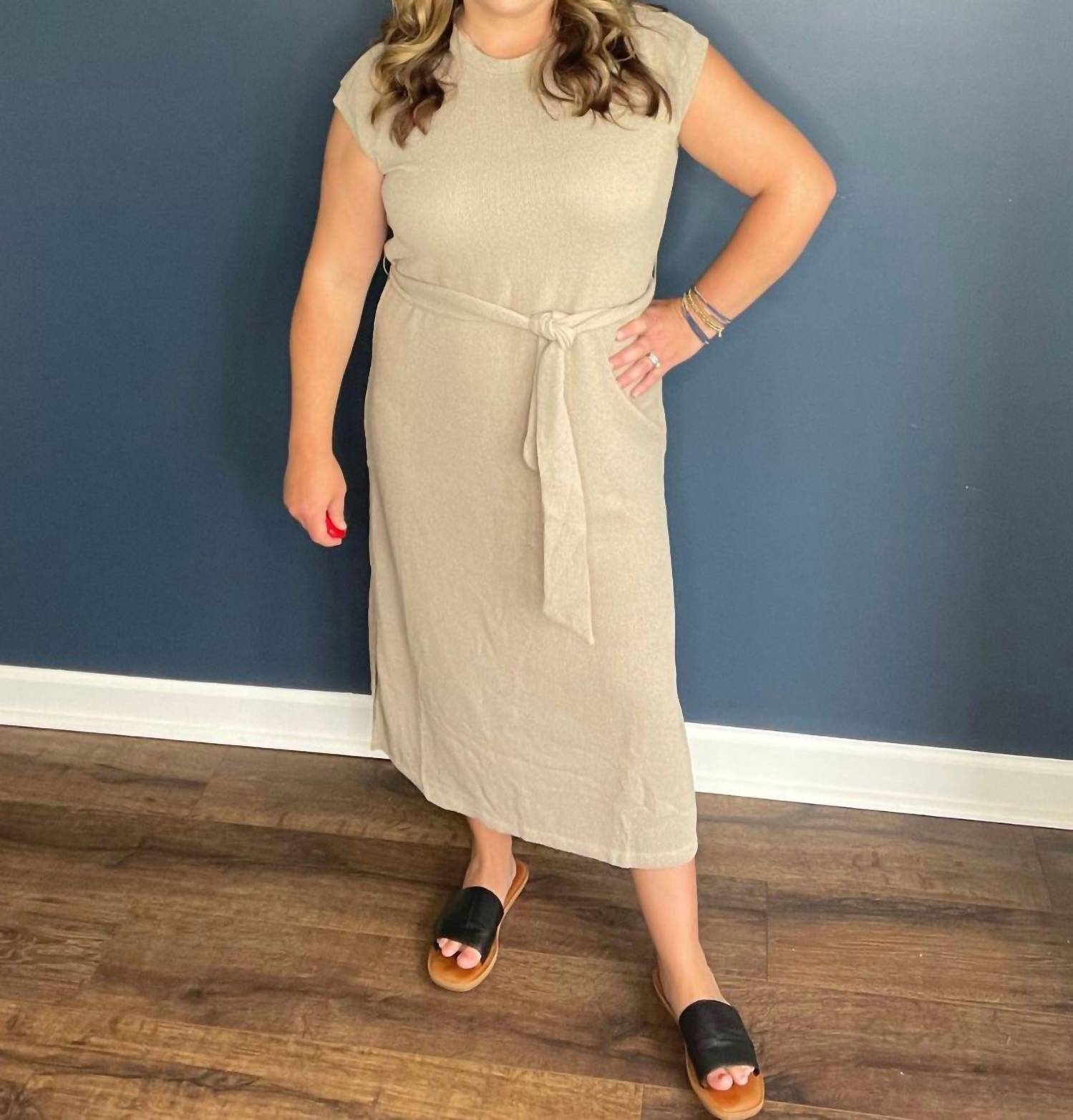 Doe and Rae Midi Knit Dress With Tie Waist in taupe - women's dress