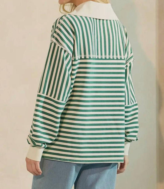 Mittoshop - Striped Print Oversized Henley Collared Pullover