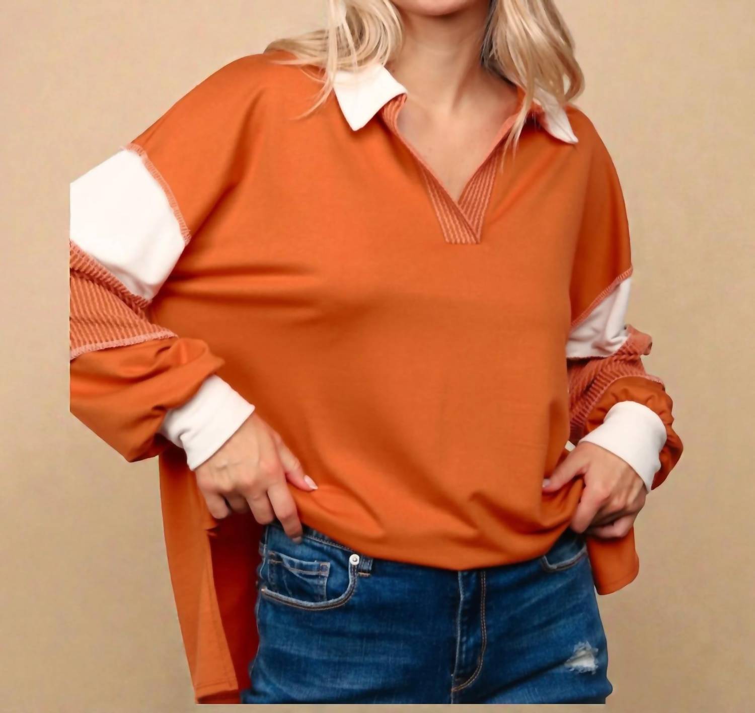 Haptics - V Neck Color Block Long Sleeve Top