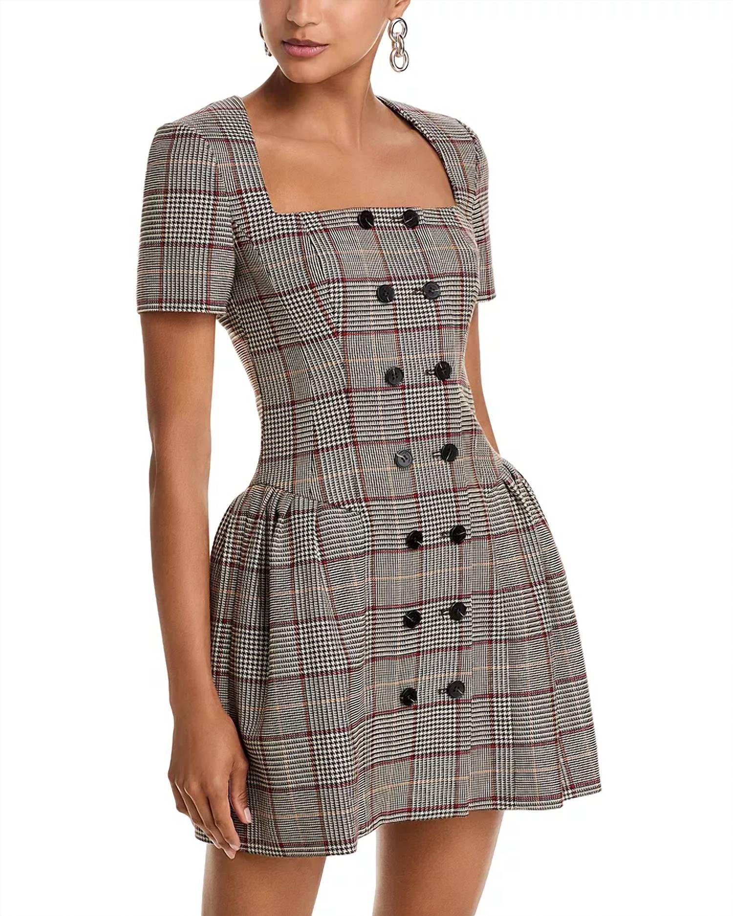 self-portrait Check Wool Mini Dress in brown - women's dress - detail view
