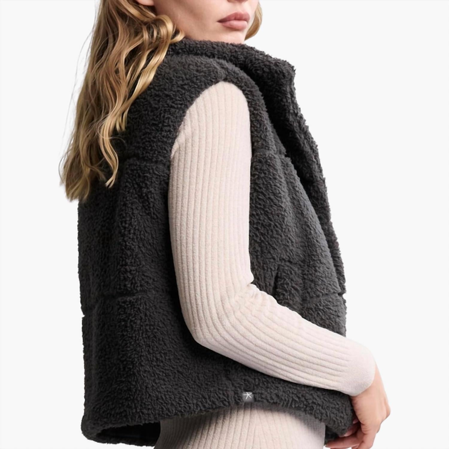 BAREFOOT DREAMS Brushed Puffer Vest in carbon - women's jacket - detail view