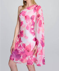 Joseph Ribkoff - Floral Print One-shoulder Cape Sleeve Mini Dress