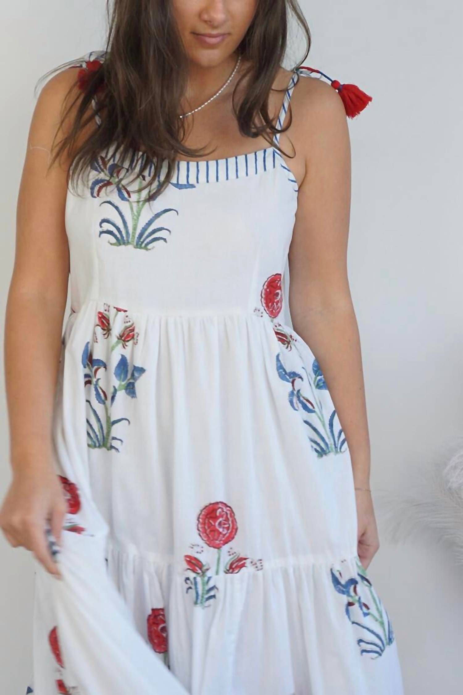 NIBI MTK Poppy Tier Maxi Dress in red floral stripe - women's dress - alternate view