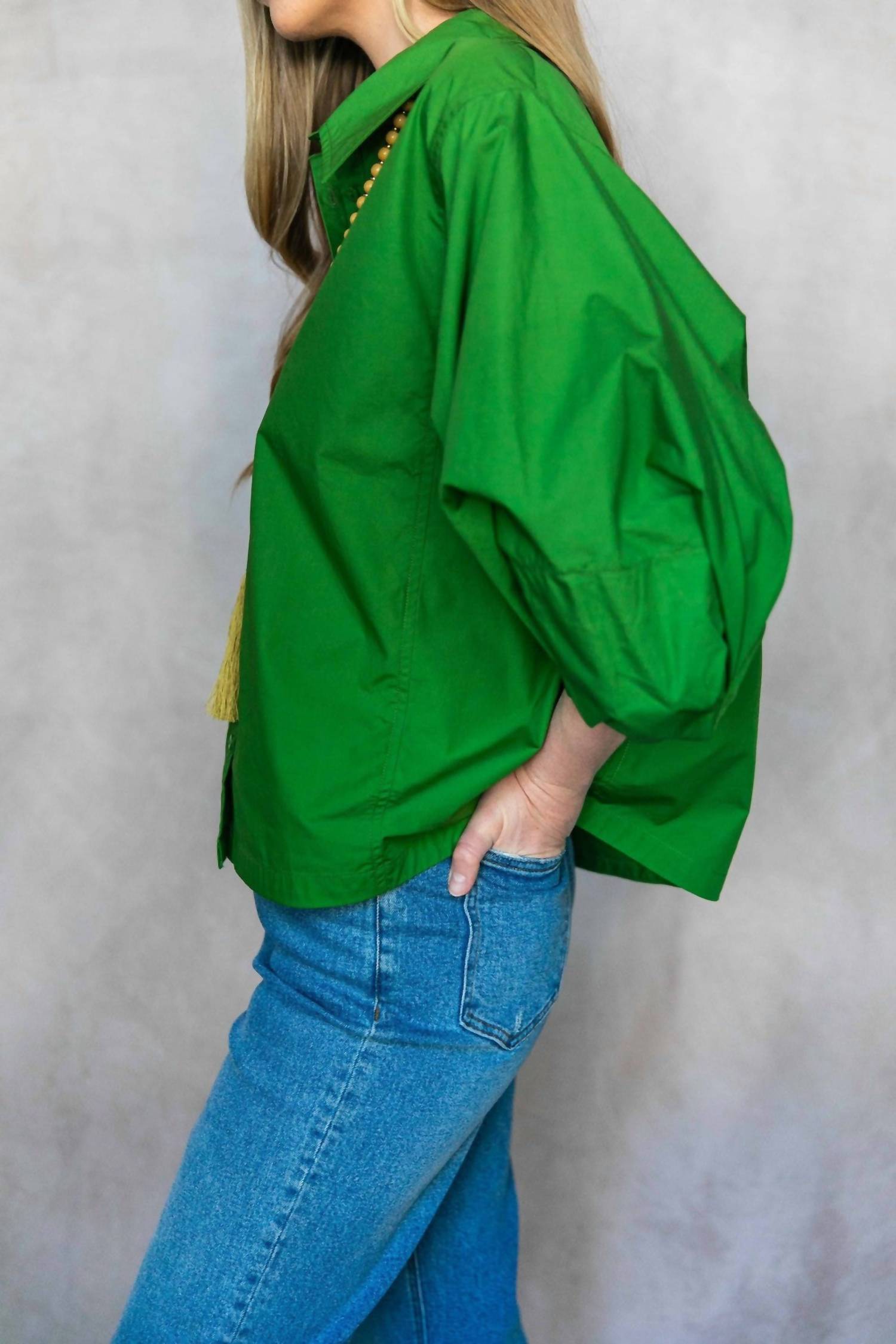 P.CILL Poplin Bishop Sleeve Button Up Blouse in apple green - women's blouse - view 4