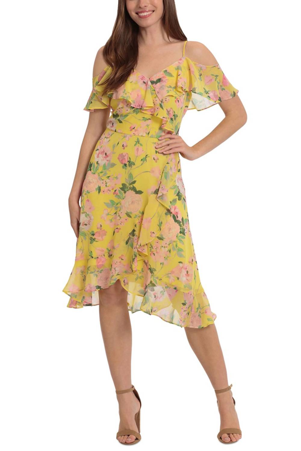 London Times - Floral Flutter Off-the-Shoulder Dress
