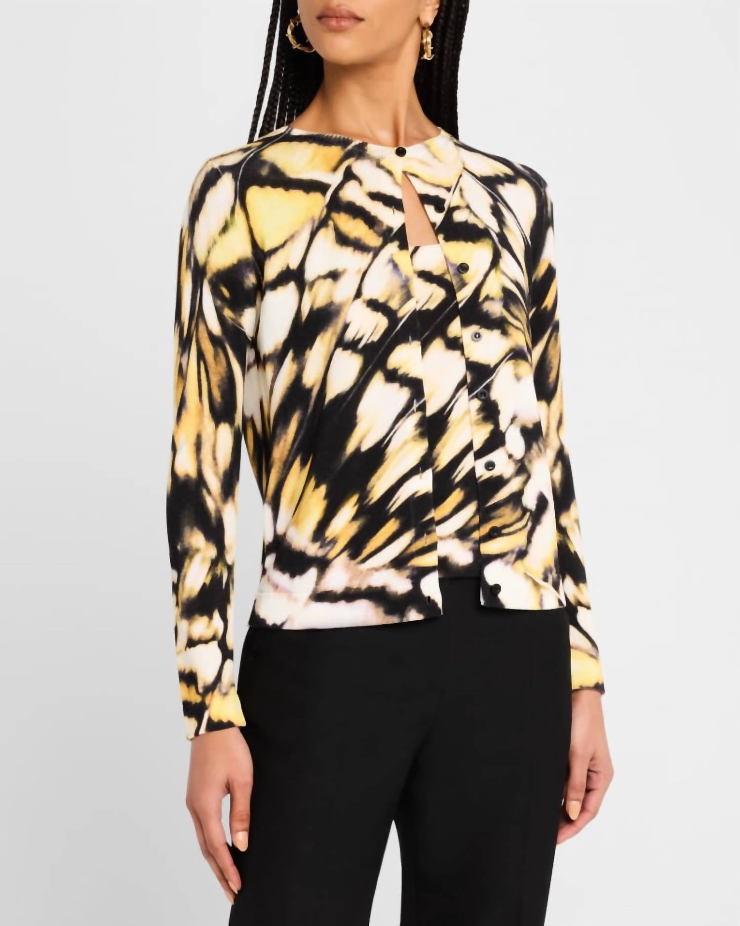 Oscar de la Renta Butterfly Printed Cardigan in black multi - women's cardigan