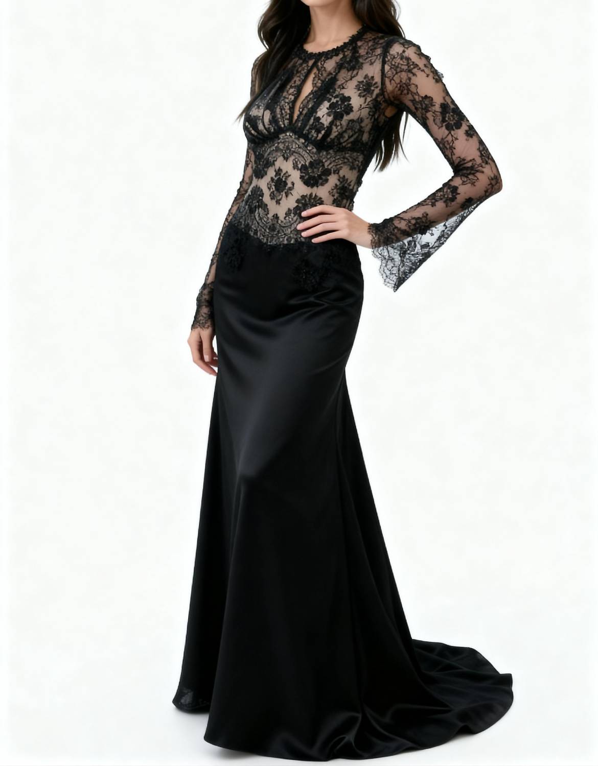 Max Chaoul - Floral-patterned Lace Long-sleeve Evening Gown