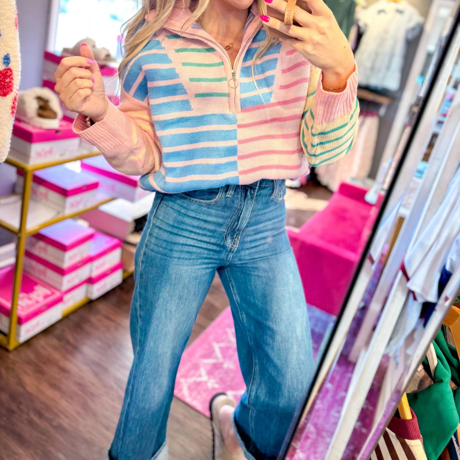 Sweet Lovely By Jen - Pop Of Color Half Zip Stripe Sweater