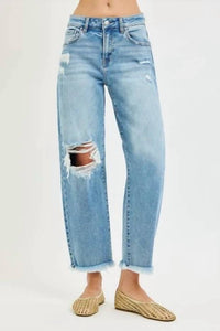 Risen - High Rise Crop Barrel Distressed Jeans