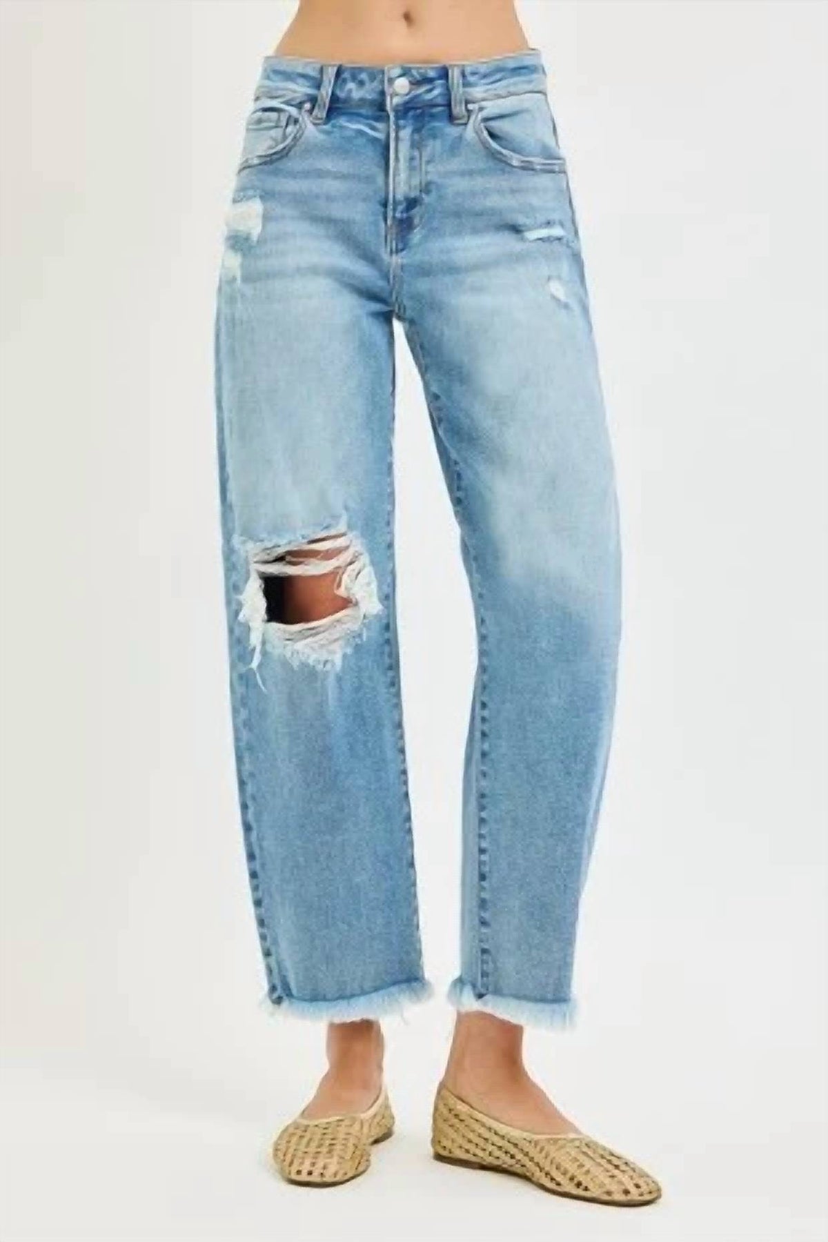 Risen - High Rise Crop Barrel Distressed Jeans