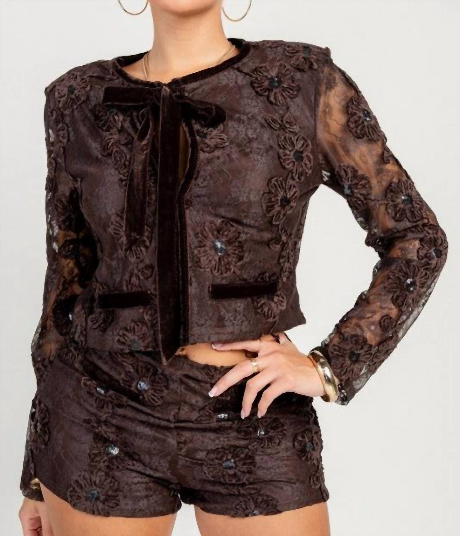 PRIVY Eden Floral Lace Jacket & Short Set in brown - women's sleepwear
