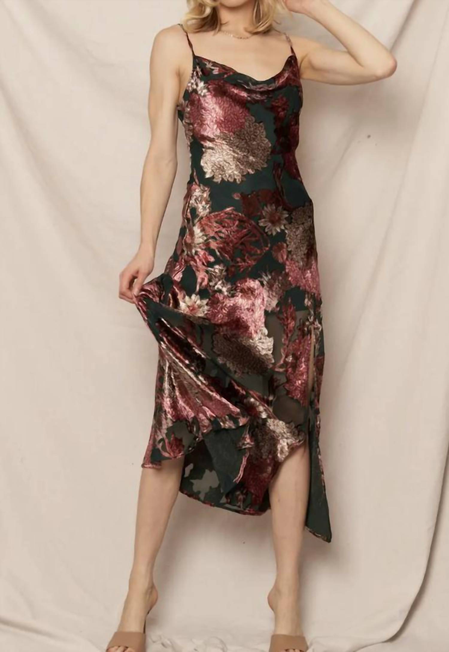 En Creme - Cowl Neck Floral Print Midi Dress