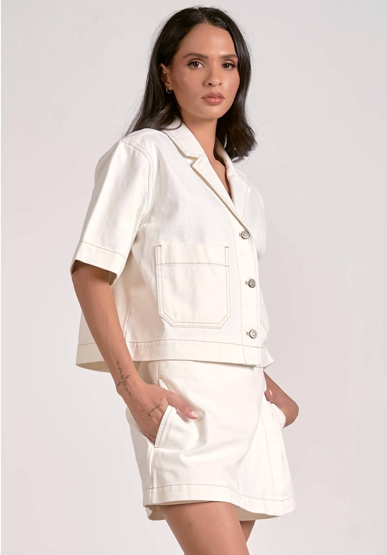 Elan - Jen Button Front Short Sleeve Top