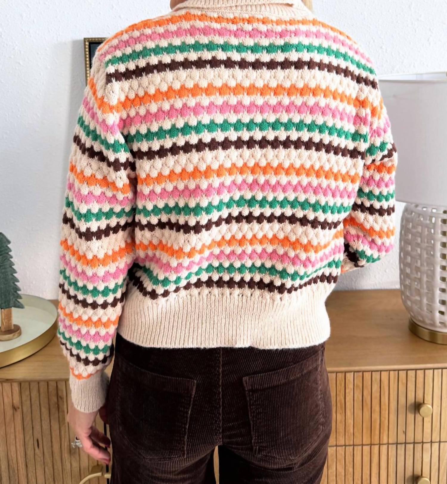 PINCH Collared Button Up Stripe Long Sleeve Sweater in oatmeal multi - women's sweater - alternate view