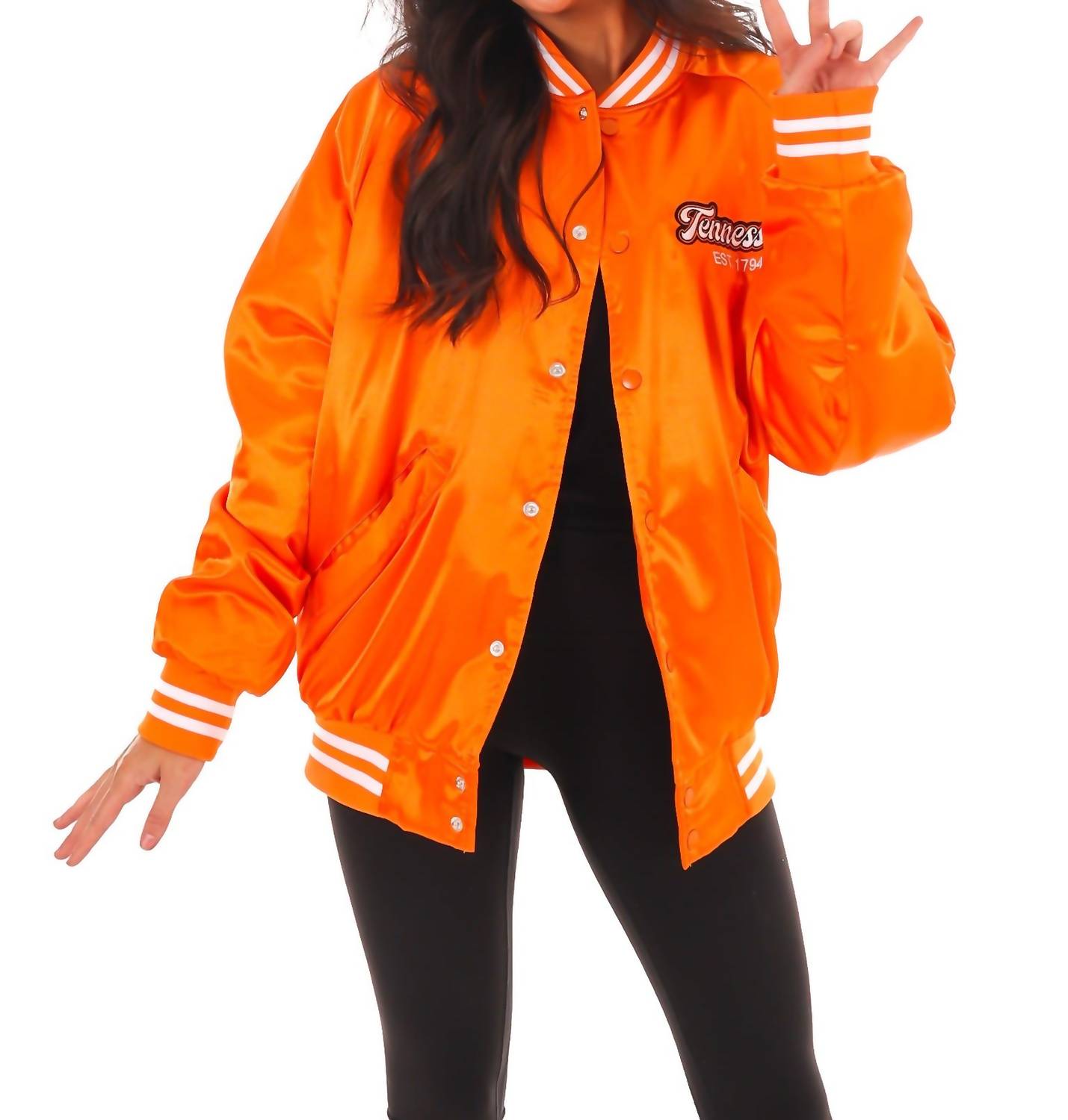 LivyLu Vols Embroidered Satin Jacket in orange - women's jacket - detail view