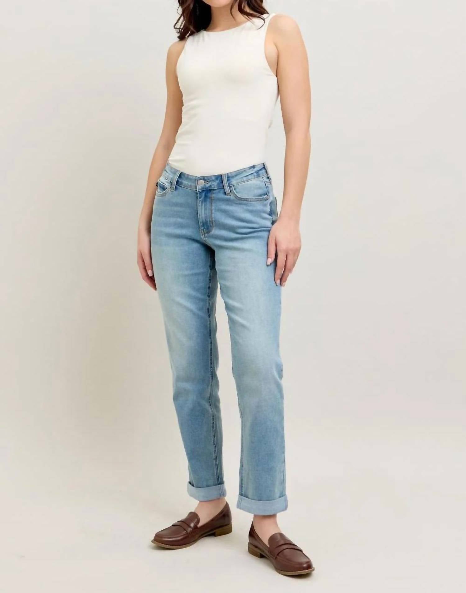 Judy Blue - Mid Rise V-front Cuff Boyfriend Cool Denim Jeans