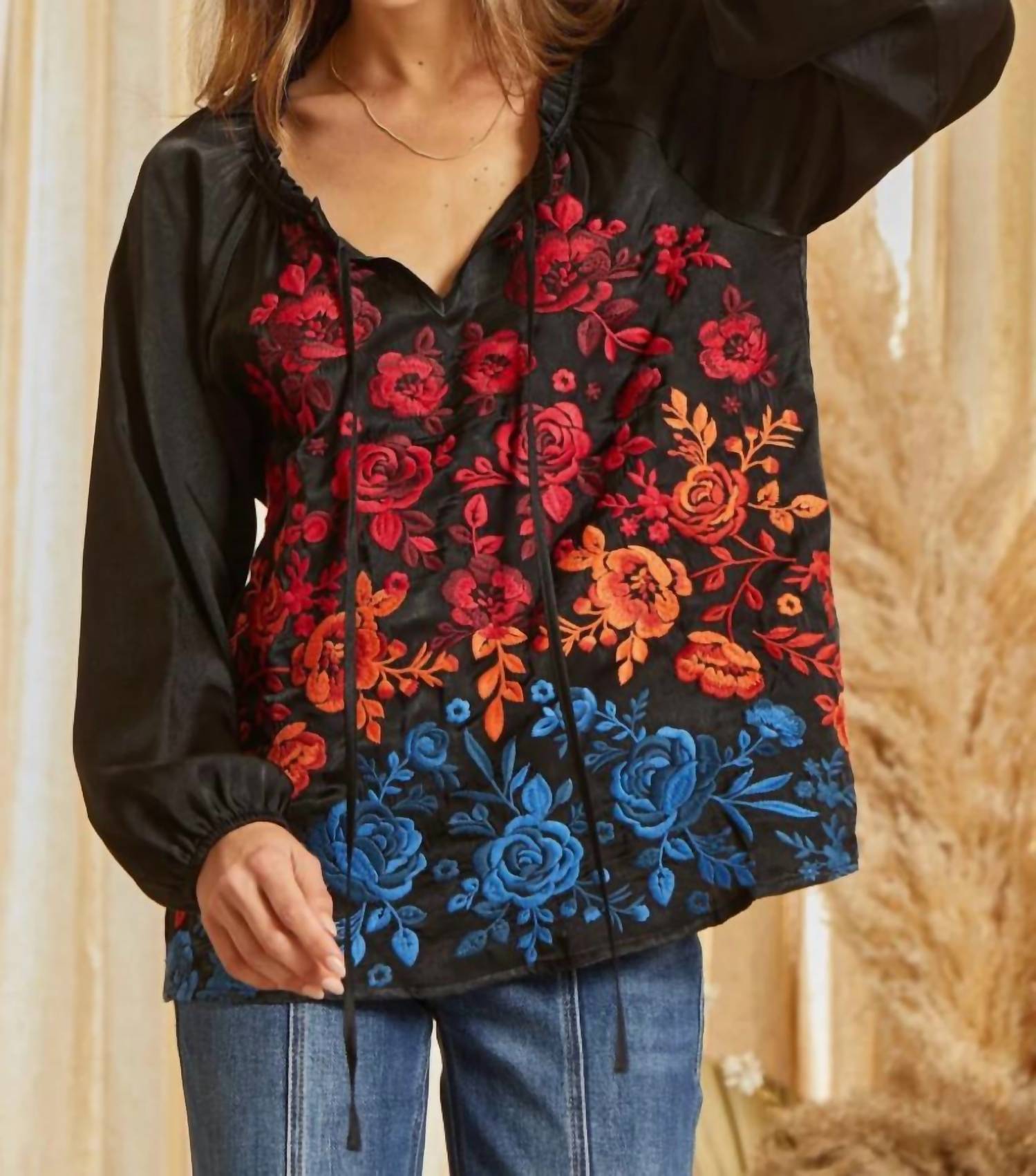 Savannah Jane - Tie Neck Peasant Top With Embroidered Flowers
