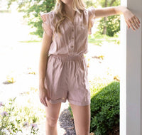 GRADE & GATHER Breezy Elegance Ruffle Linen Romper in pink - women's pants