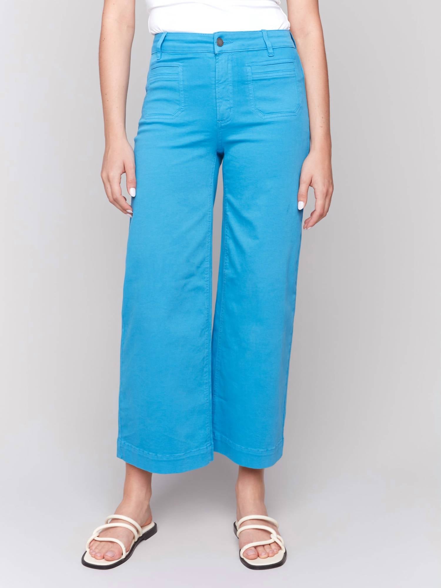 CHARLIE B Cropped Flare Leg Front Patch Pocket Pants in lagoon - women's pants - detail view