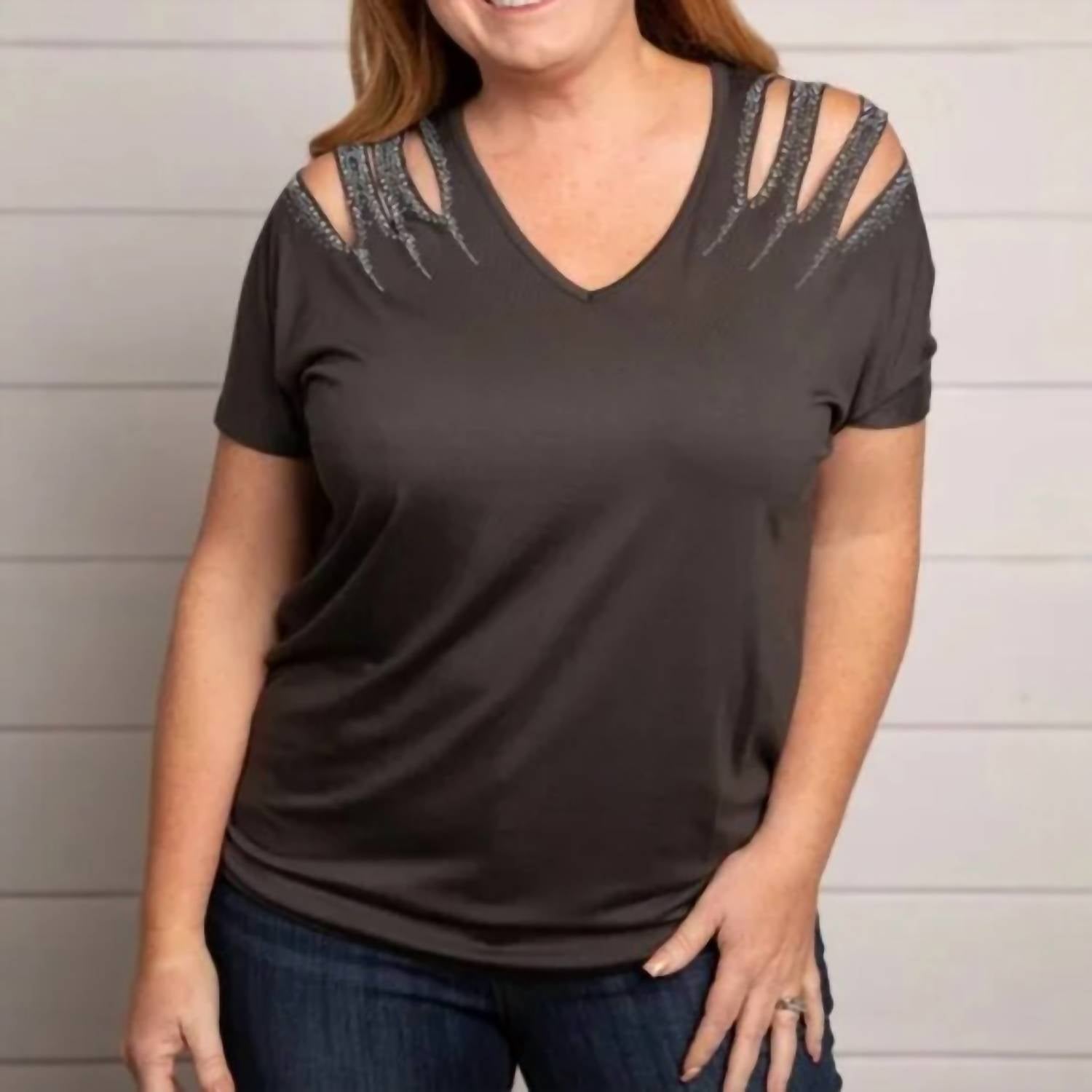 Vocal Apparel - Laser Cut Stone Shoulder Top