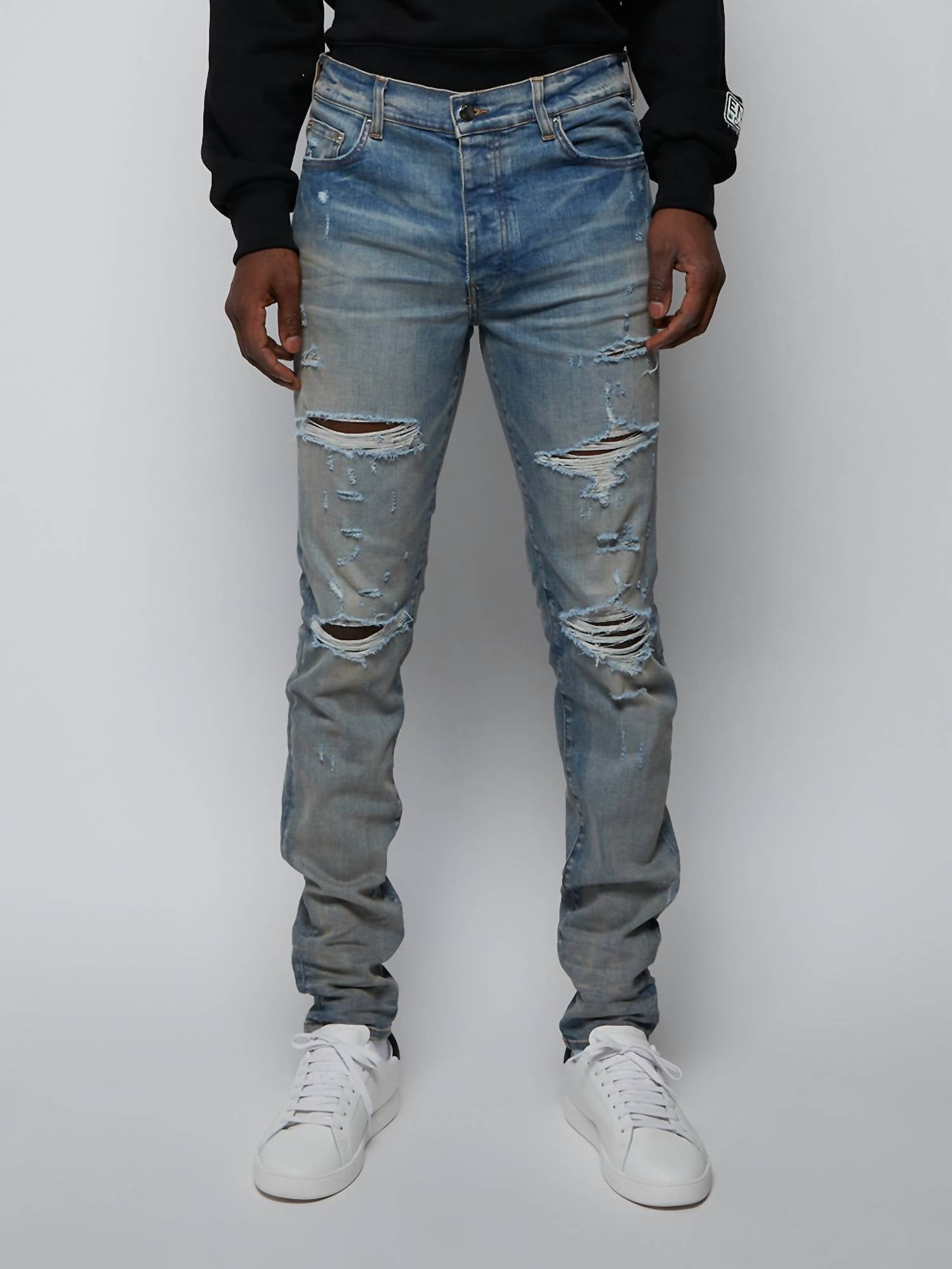 Amiri Men's Thrasher Plus Distressed Jeans in clay indigo - men's jeans - detail view