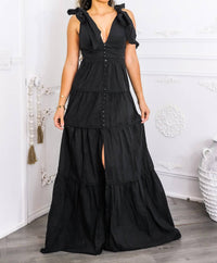 Surelymine - Tiered Maxi Dress Tie Shoulder Button Front Slit