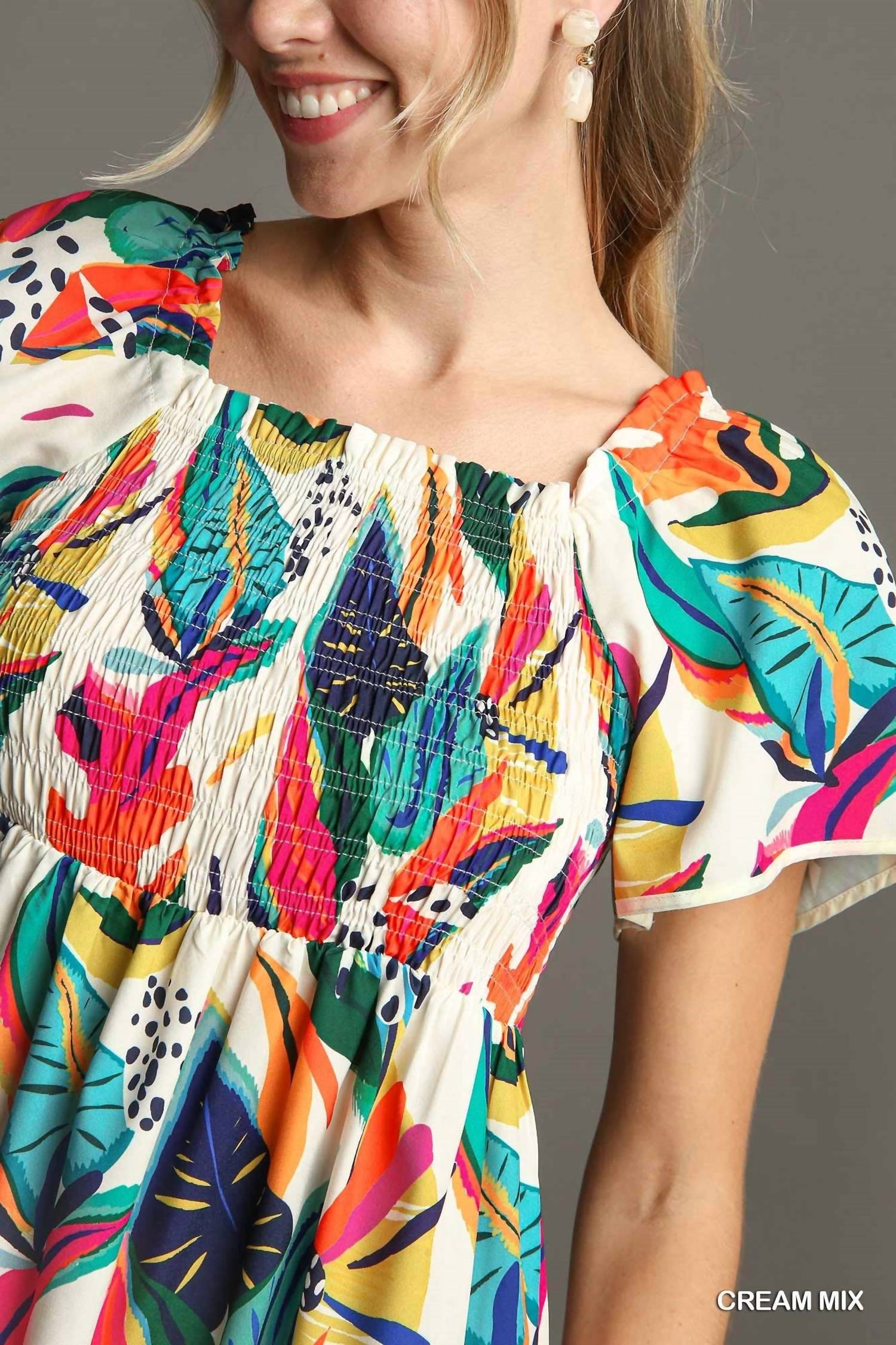 Umgee - Tropical Print Smocked Detail Short Dress