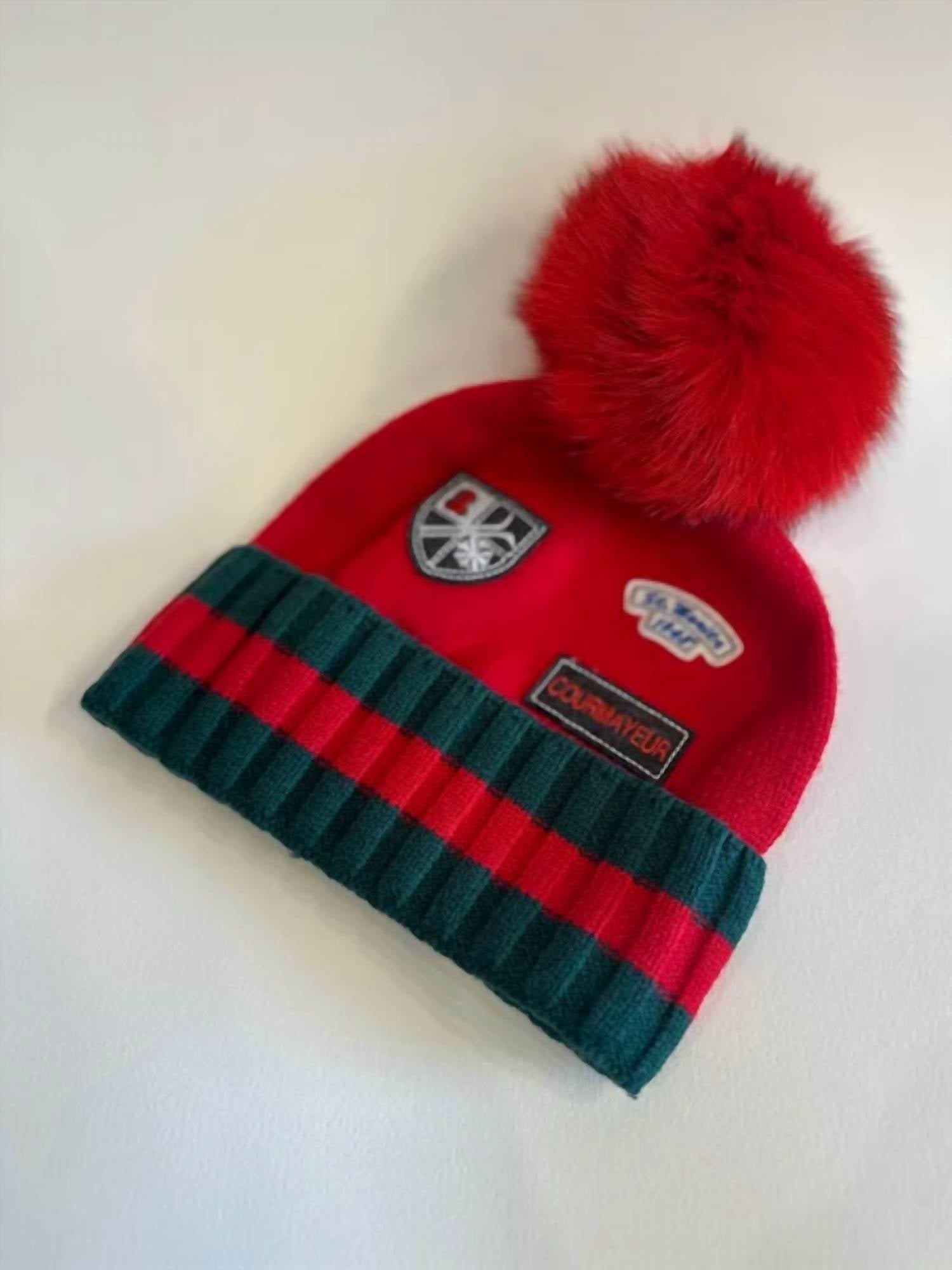 Mitchie'S Matchings - Women's Knit Ski Logo Beanie With Fox Fur Pom Pom