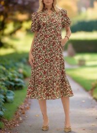 entro Fall Garden Floral Puff Sleeve Midi Dress in ecru - women's dress