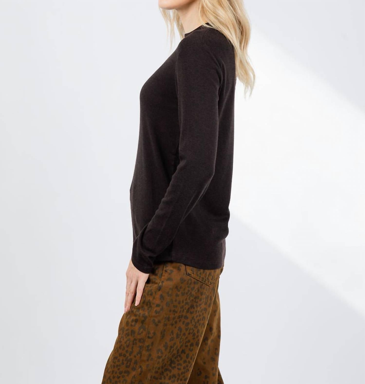 REPEAT cashmere Wool Blend Crew Top in dark brown - women's long sleeve top - alternate view