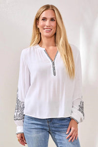 Tribal - Viscose Notch Neck Embroidered Puff Sleeve Blouse