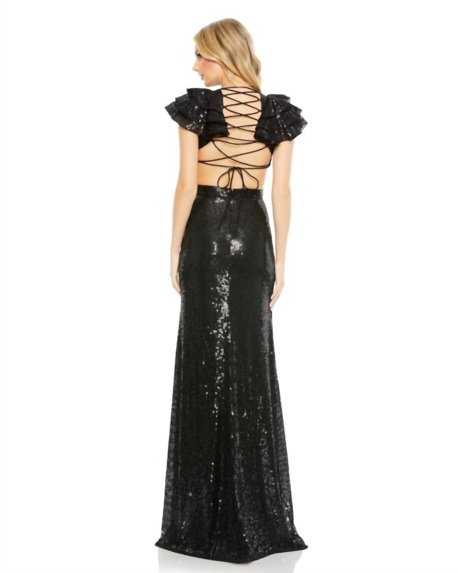 Mac Duggal - Ruffle Sleeve Lace-up Back Evening Gown