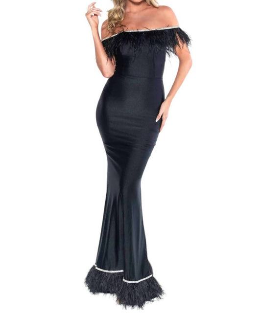 Jessica Angel - OFF SHOULDER SATIN GOWN WITH FEATHER TRIM