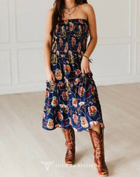 Lucky & Blessed - Western Print Smocked Maxi Dress