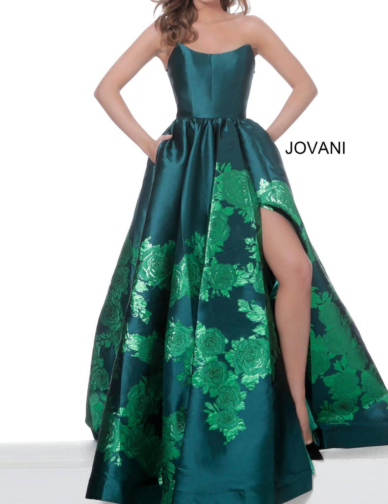 Jovani - Strapless Floral Prom Gown