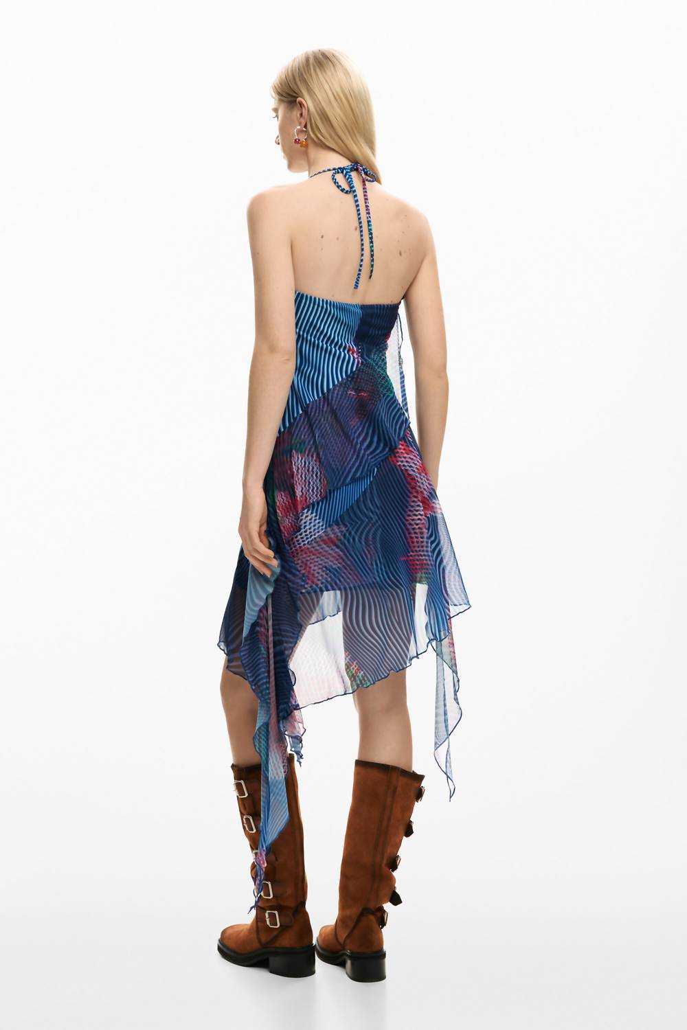 Desigual Pixelated Ruffle Mini Dress in blue multi - women's dress - detail view