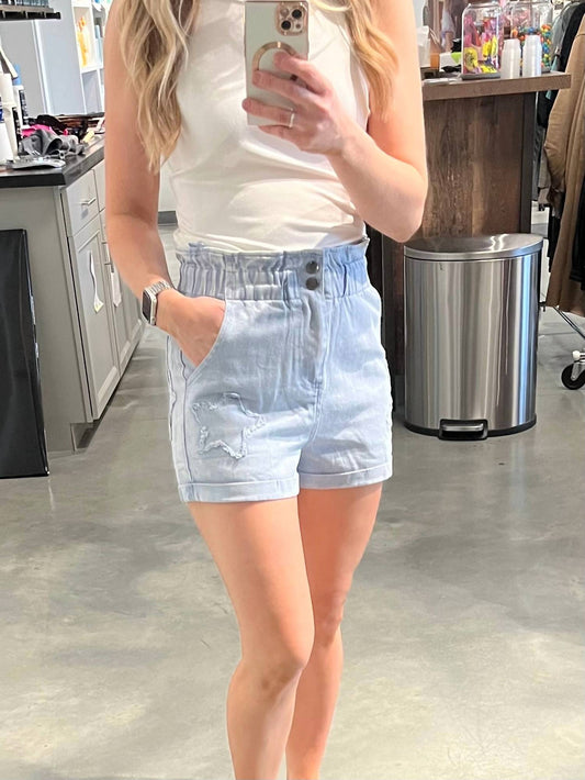 She + Sky - Washed Paperbag Shorts with Star Patch Detail