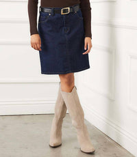 Karen Kane Denim Mini Short Skirt in indigo - women's skirt - detail view