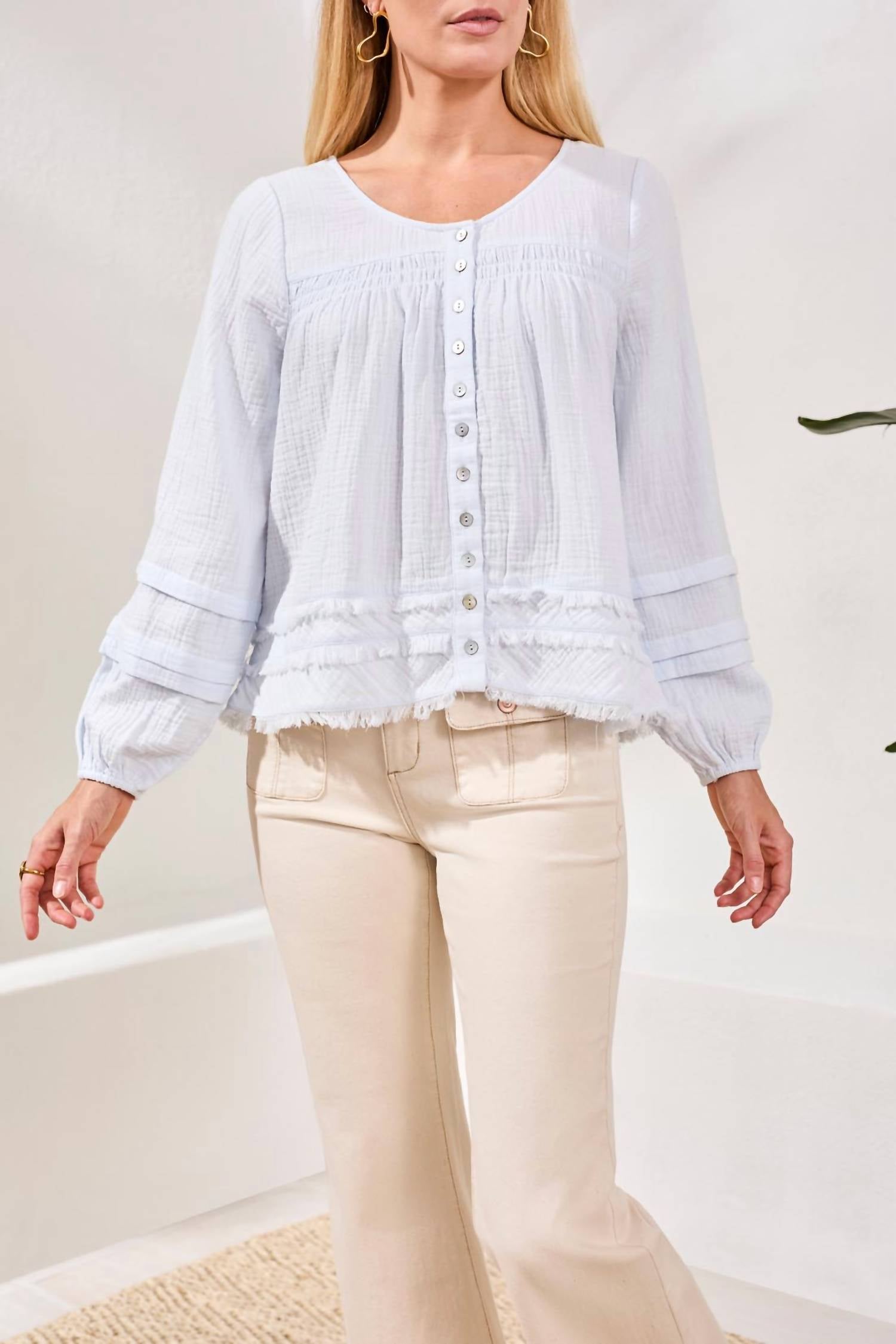 TRIBAL Crinkle Gauze Button-front Balloon Sleeve Frayed Hem Blouse in saltwater - women's blouse